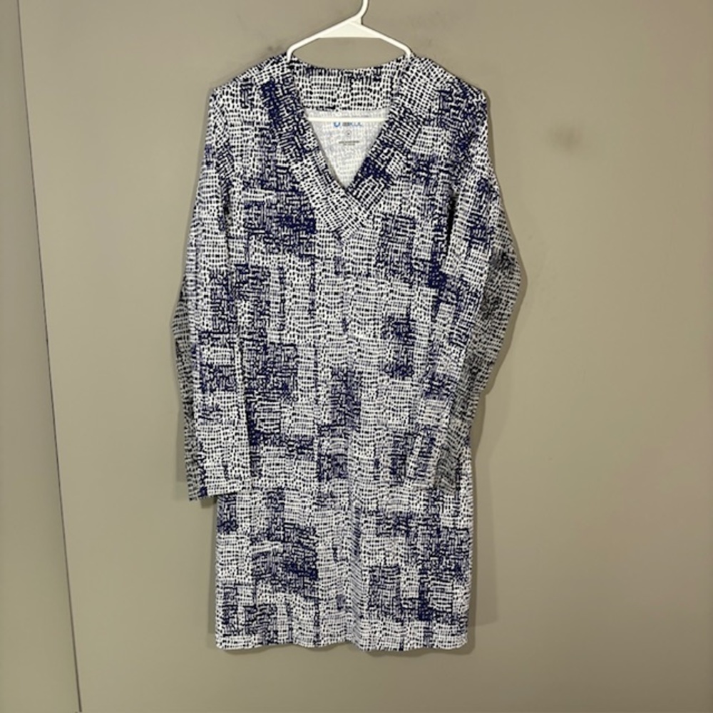 IBKUL Dress Womens Medium Blue Geometric Knit Short Shift Long Sleeve V Neck